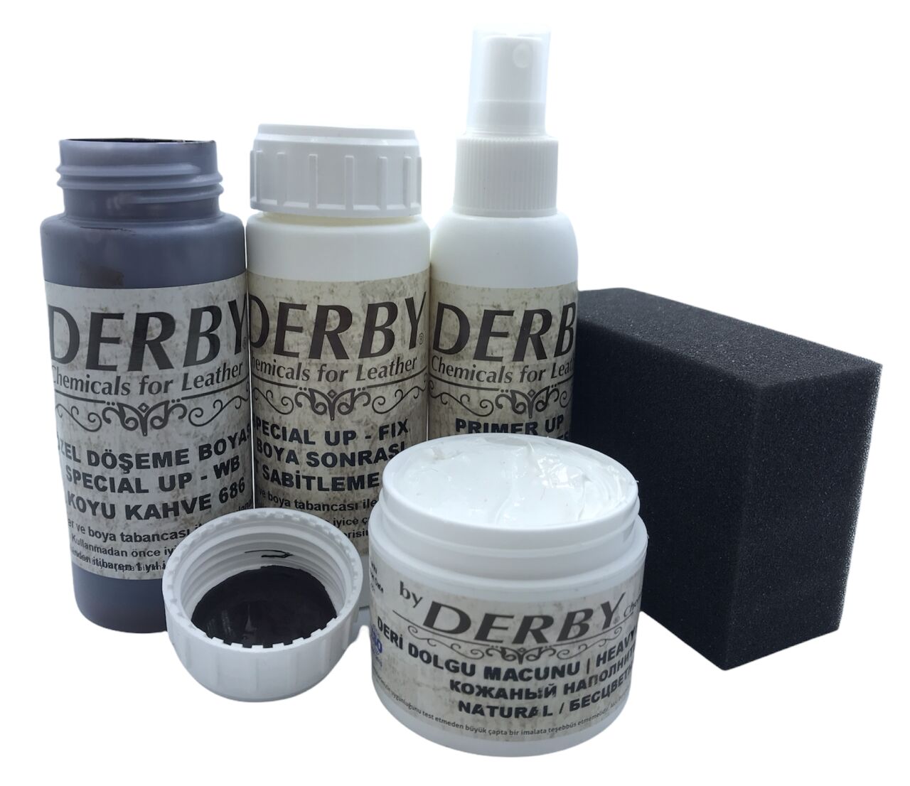 Derby Deri Direksiyon, Deri Döşeme Boyası 5 li Set Standart Renkler .Koyu Kahve