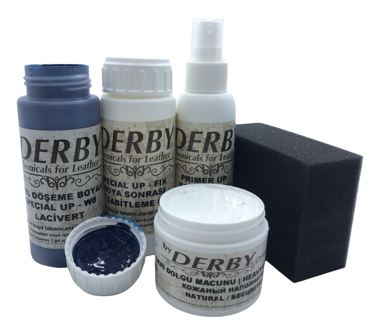 Derby Deri Direksiyon, Deri Döşeme Boyası 5 li Set Standart Renkler .Lacivert