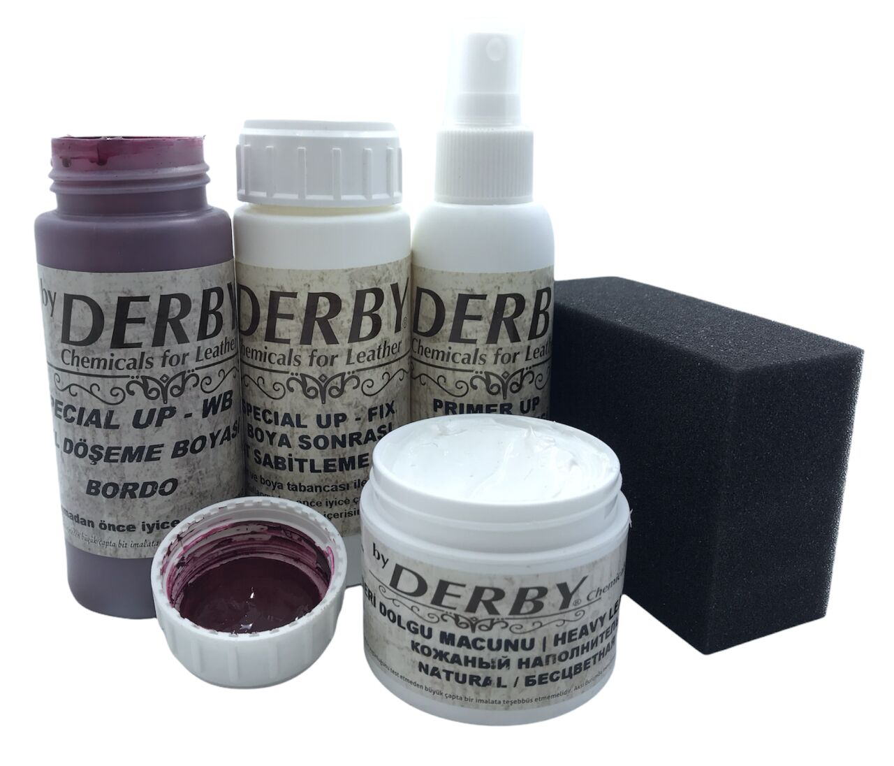 Derby Deri Direksiyon, Deri Döşeme Boyası 5 li Set Standart Renkler Bordo