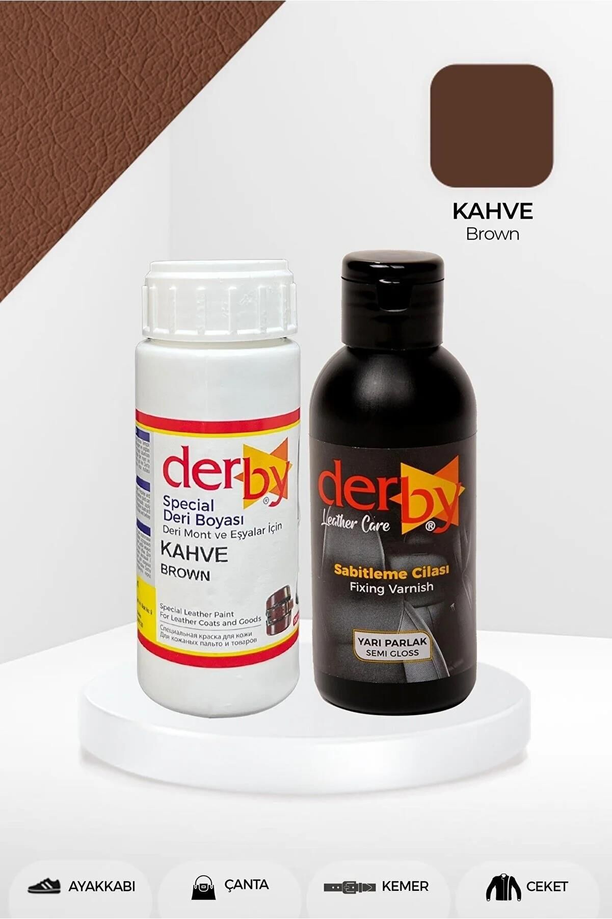 Derby Deri Mont Boyası Ve BS-FIX  Yarı Parlak Sabitleme Cilası | 100 Gr Set Kahverengi