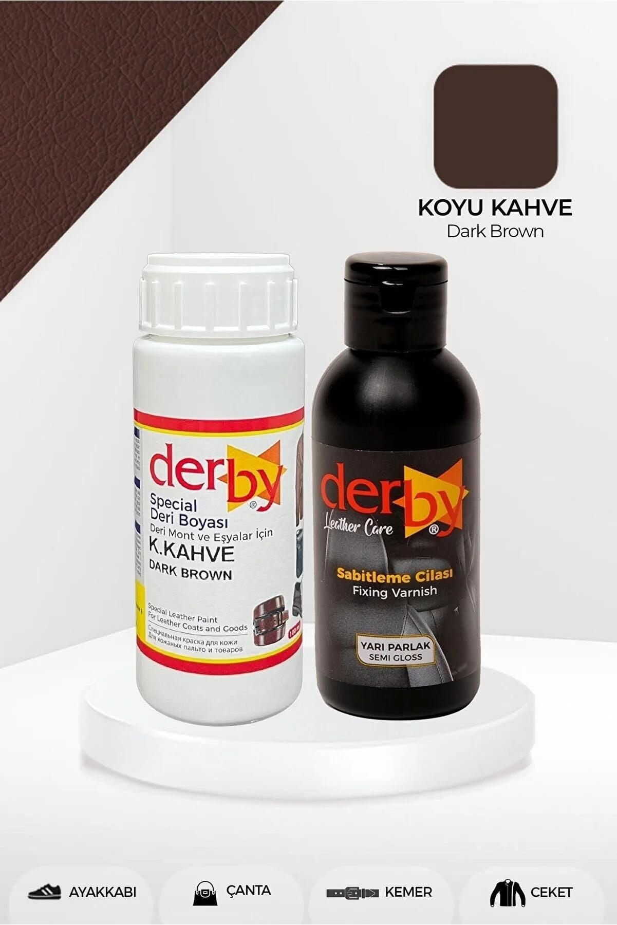 Derby Deri Mont Boyası Ve BS-FIX  Yarı Parlak Sabitleme Cilası | 100 Gr Set Koyu Kahve