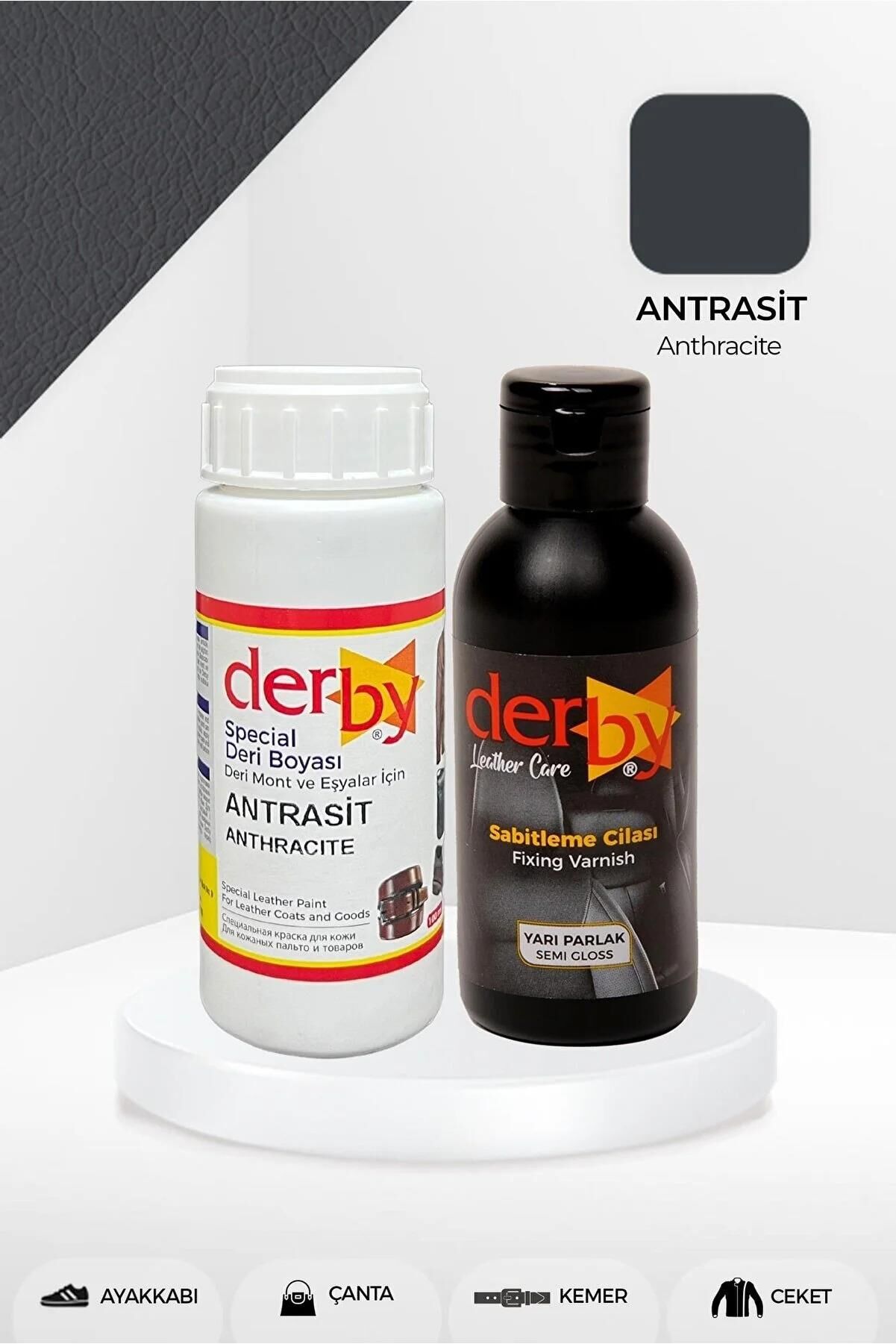Derby Deri Mont Boyası Ve BS-FIX  Yarı Parlak Sabitleme Cilası | 100 Gr Set Antrasit Ext.KoyuGri