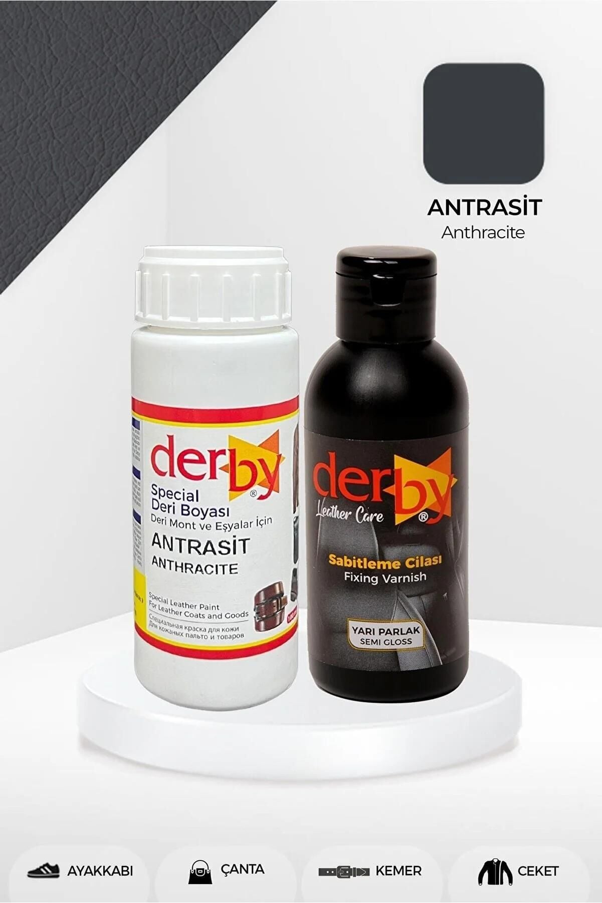 Derby Deri Mont Boyası Ve BS-FIX  Yarı Parlak Sabitleme Cilası | 100 Gr Set Antrasit Ext.KoyuGri