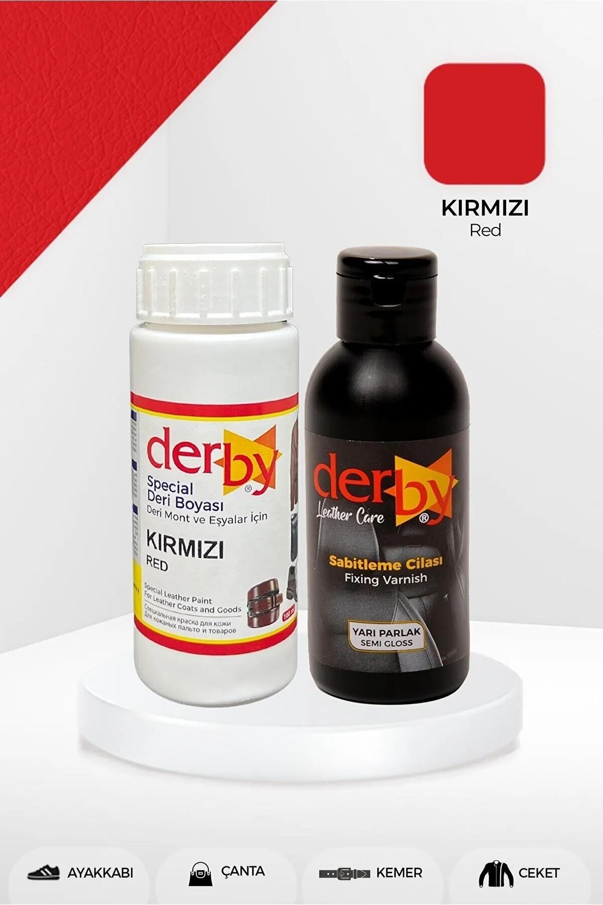Derby Deri Mont Boyası Ve BS-FIX  Yarı Parlak Sabitleme Cilası | 100 Gr Set Kırmızı