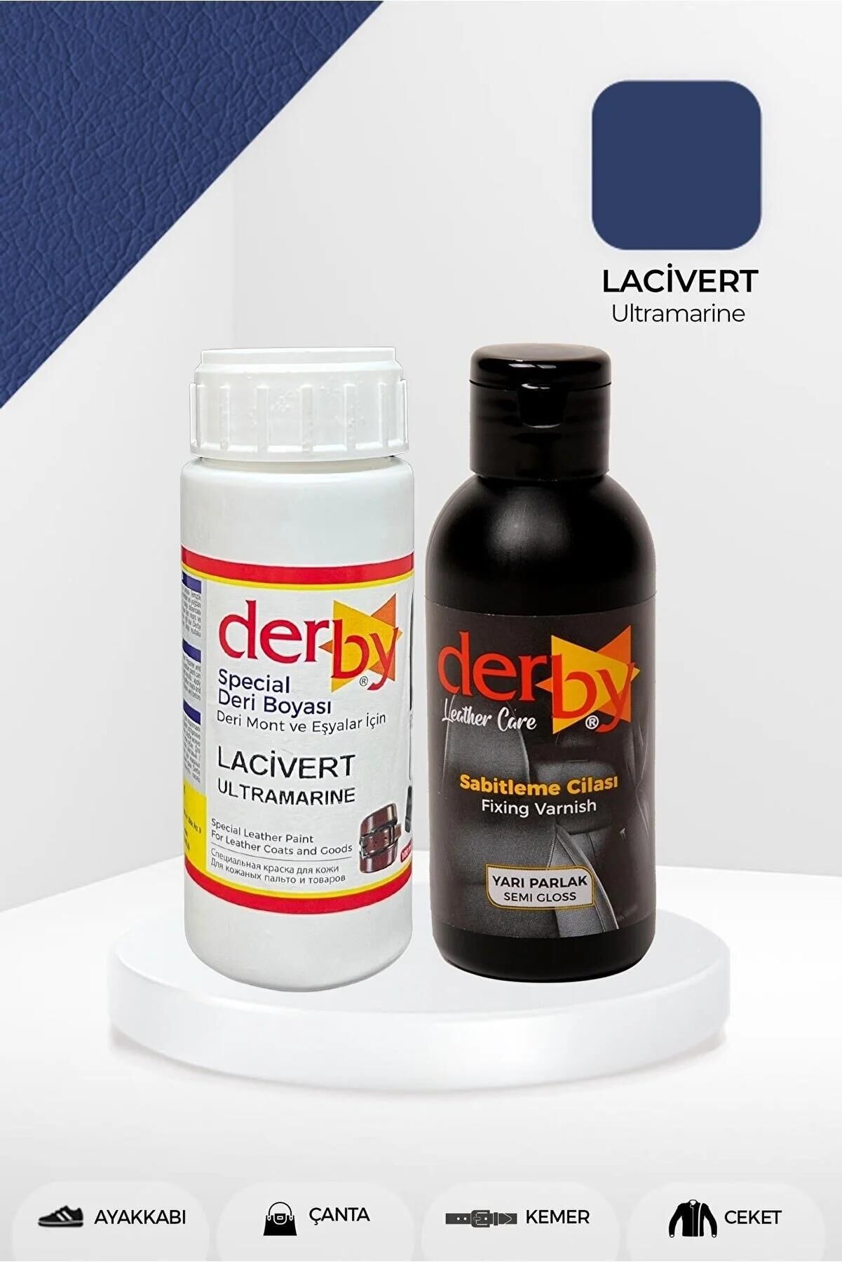 Derby Deri Mont Boyası Ve BS-FIX  Yarı Parlak Sabitleme Cilası | 100 Gr Set Lacivert
