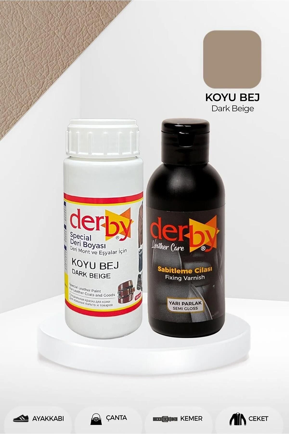 Derby Deri Mont Boyası Ve BS-FIX  Yarı Parlak Sabitleme Cilası | 100 Gr Set Koyu Bej
