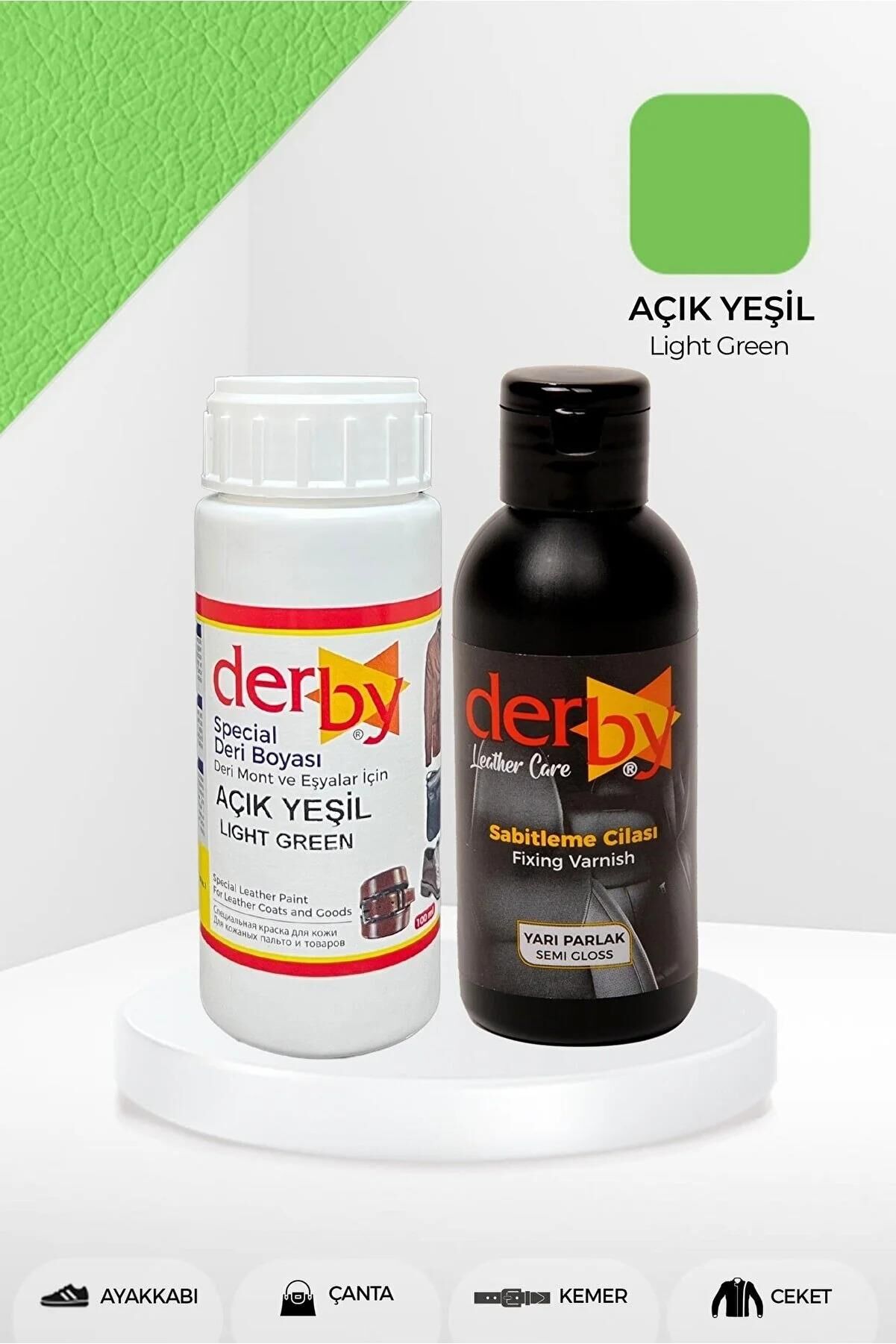 Derby Deri Mont Boyası Ve BS-FIX  Yarı Parlak Sabitleme Cilası | 100 Gr Set Açık Yeşil