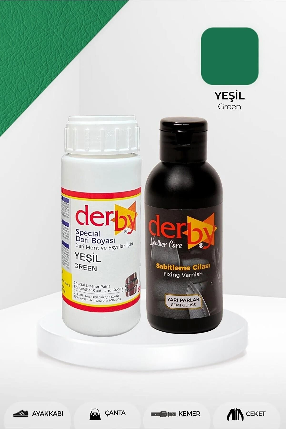 Derby Deri Mont Boyası Ve BS-FIX  Yarı Parlak Sabitleme Cilası | 100 Gr Set Yeşil