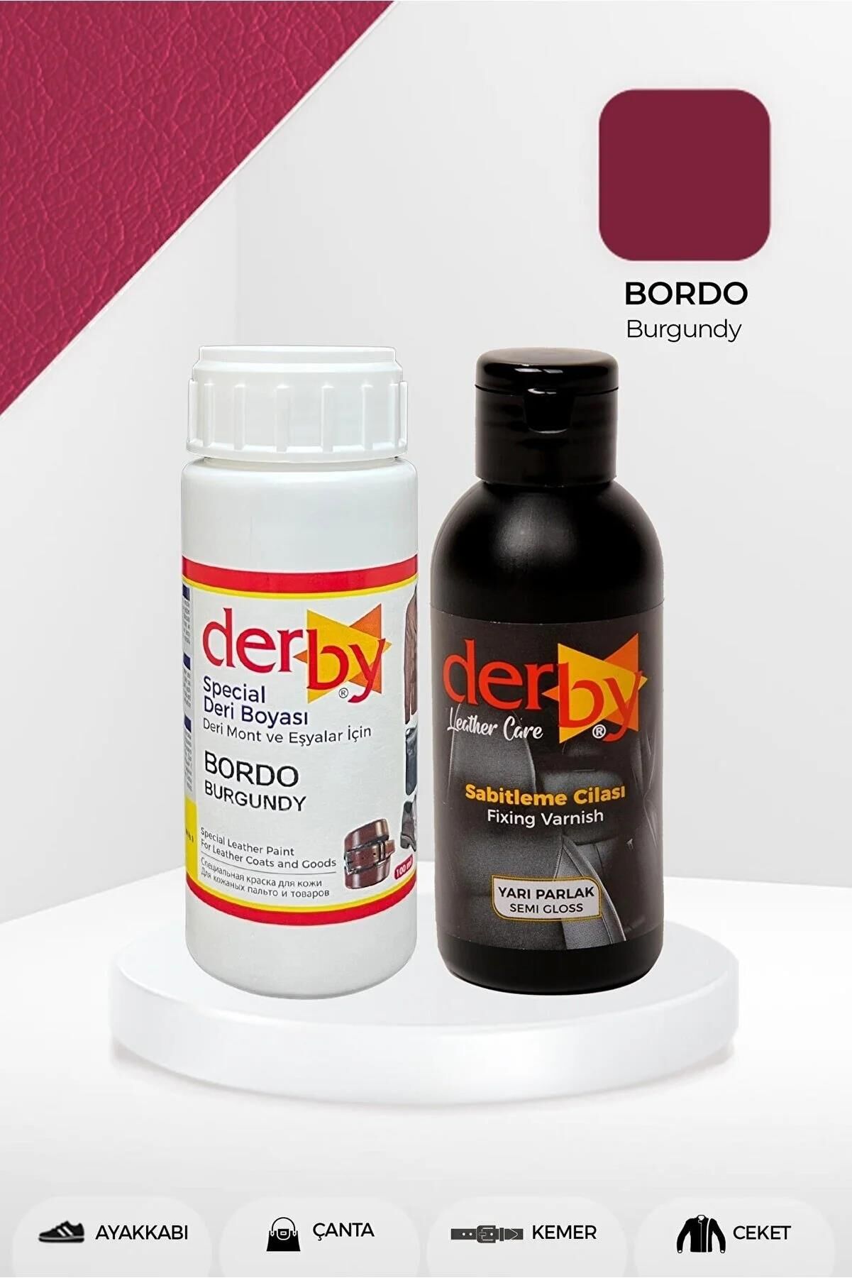 Derby Deri Mont Boyası Ve BS-FIX  Yarı Parlak Sabitleme Cilası | 100 Gr Set Bordo