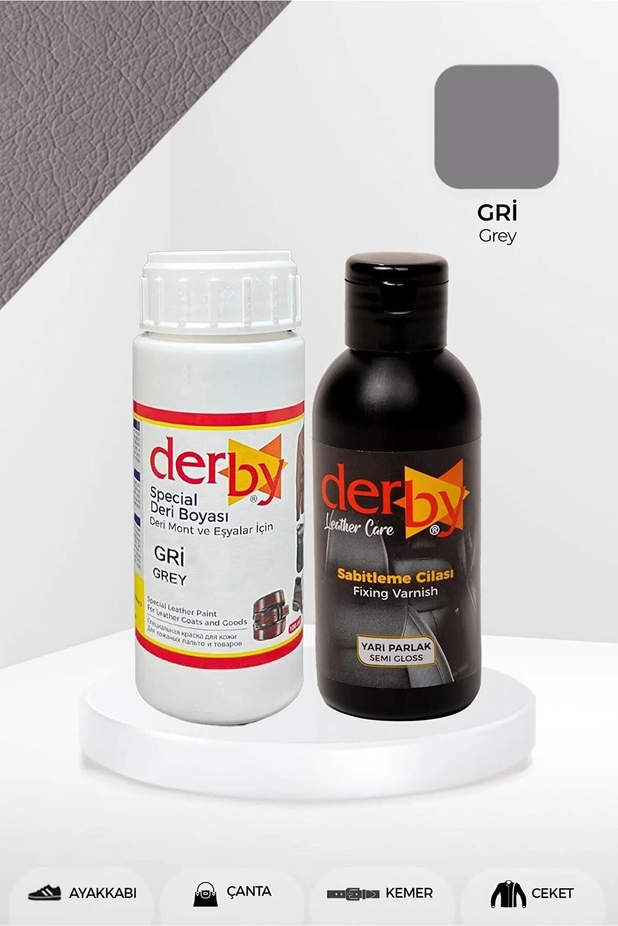 Derby Deri Mont Boyası Ve BS-FIX  Yarı Parlak Sabitleme Cilası | 100 Gr Set Gri