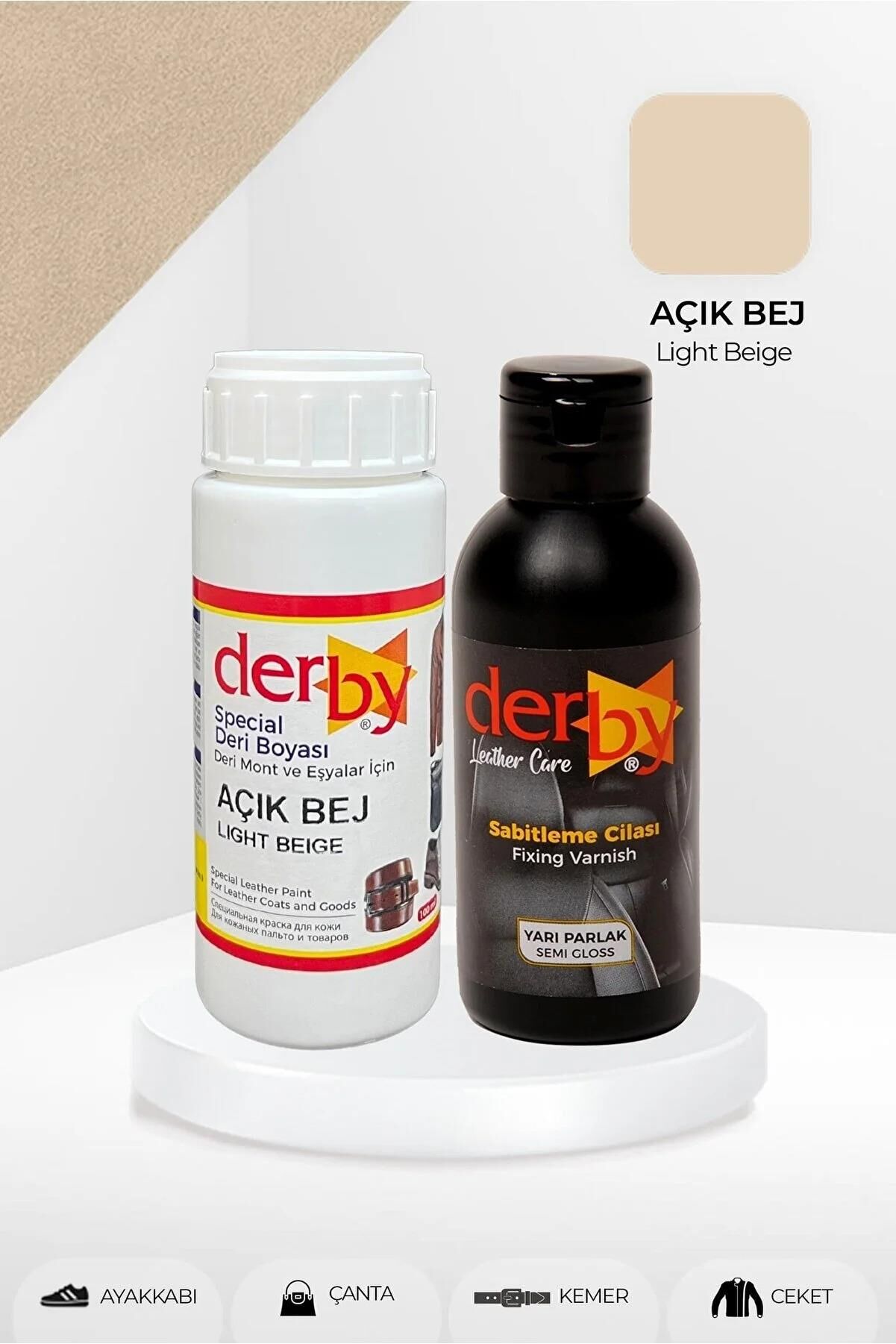 Derby Deri Mont Boyası Ve BS-FIX  Yarı Parlak Sabitleme Cilası | 100 Gr Set Açık Bej