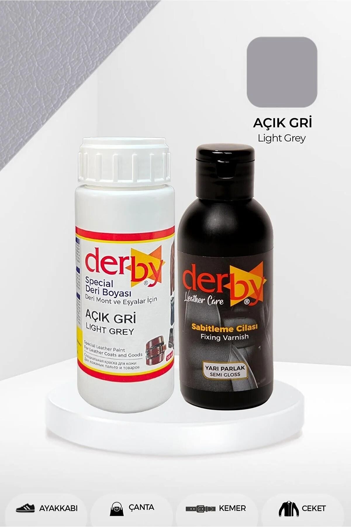 Derby Deri Mont Boyası Ve BS-FIX  Yarı Parlak Sabitleme Cilası | 100 Gr Set Açık Gri