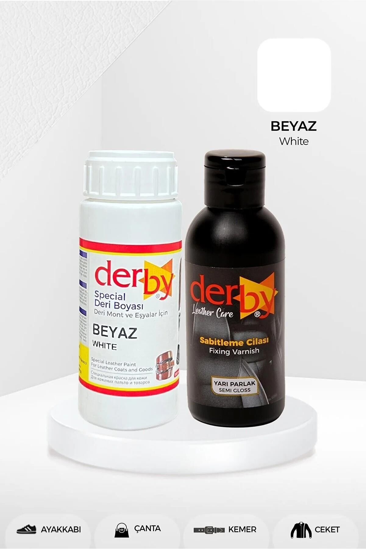 Derby Deri Mont Boyası Ve BS-FIX  Yarı Parlak Sabitleme Cilası | 100 Gr Set Beyaz