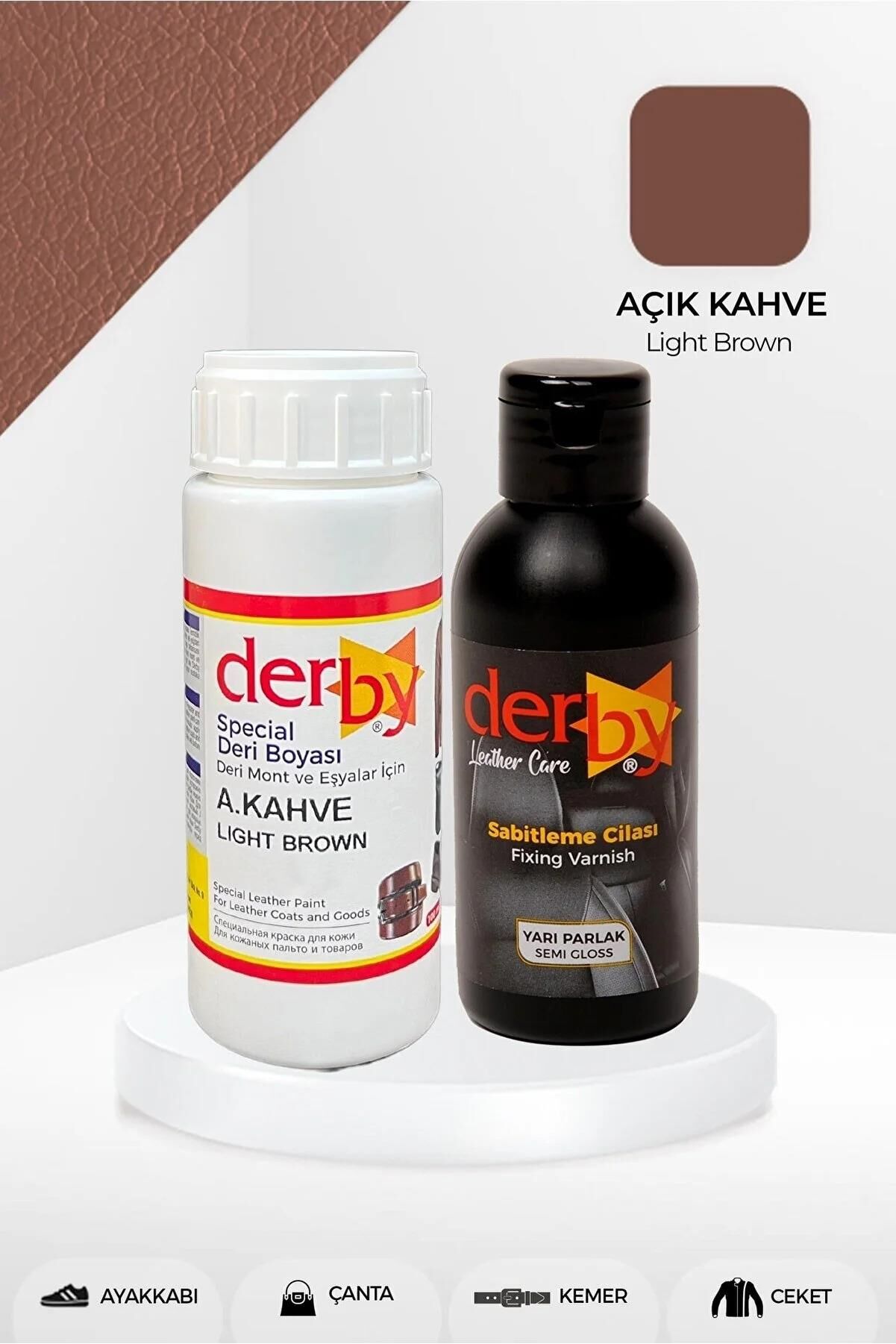 Derby Deri Mont Boyası Ve BS-FIX  Yarı Parlak Sabitleme Cilası | 100 Gr Set Açık Kahve