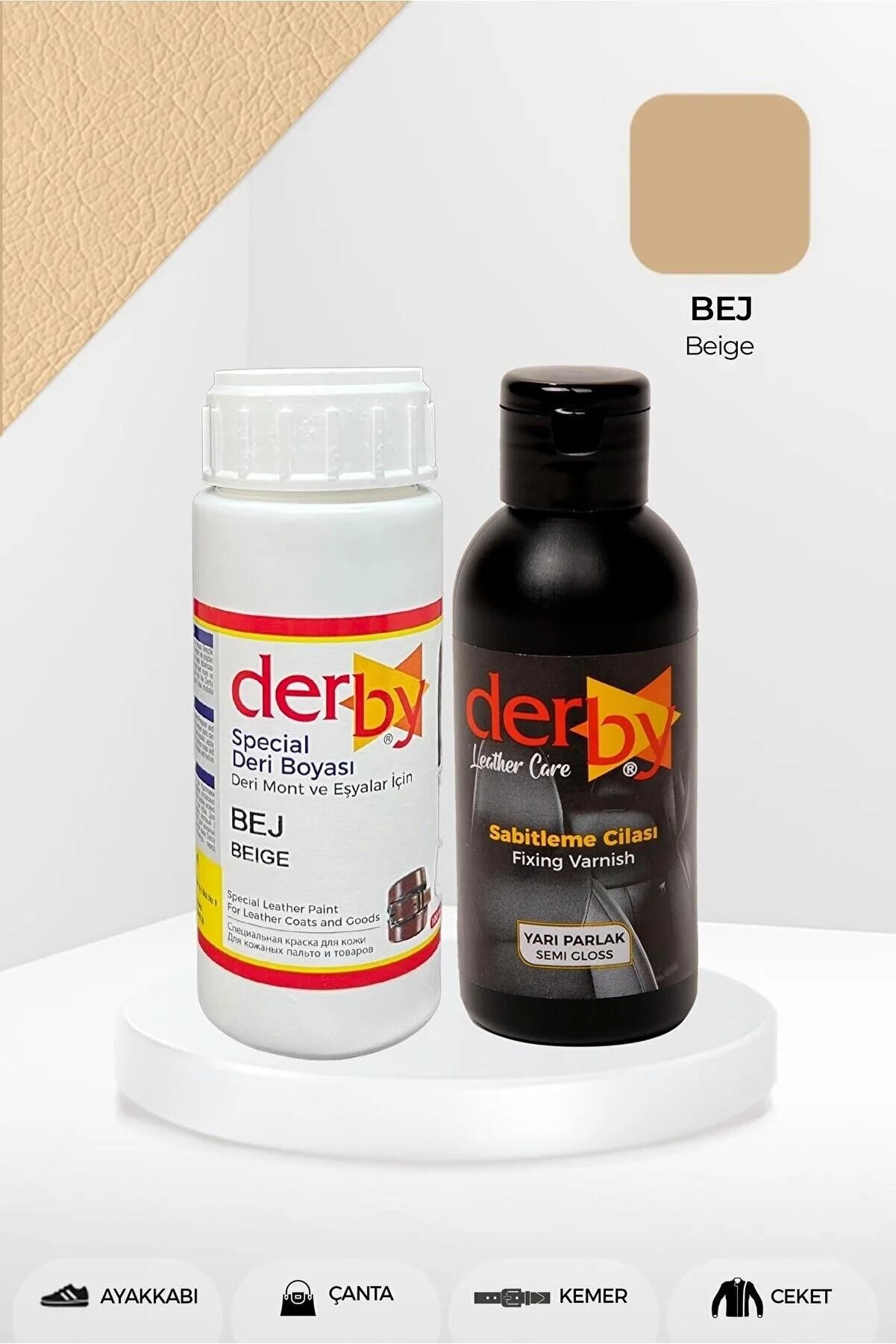 Derby Deri Mont Boyası Ve BS-FIX  Yarı Parlak Sabitleme Cilası | 100 Gr Set Bej