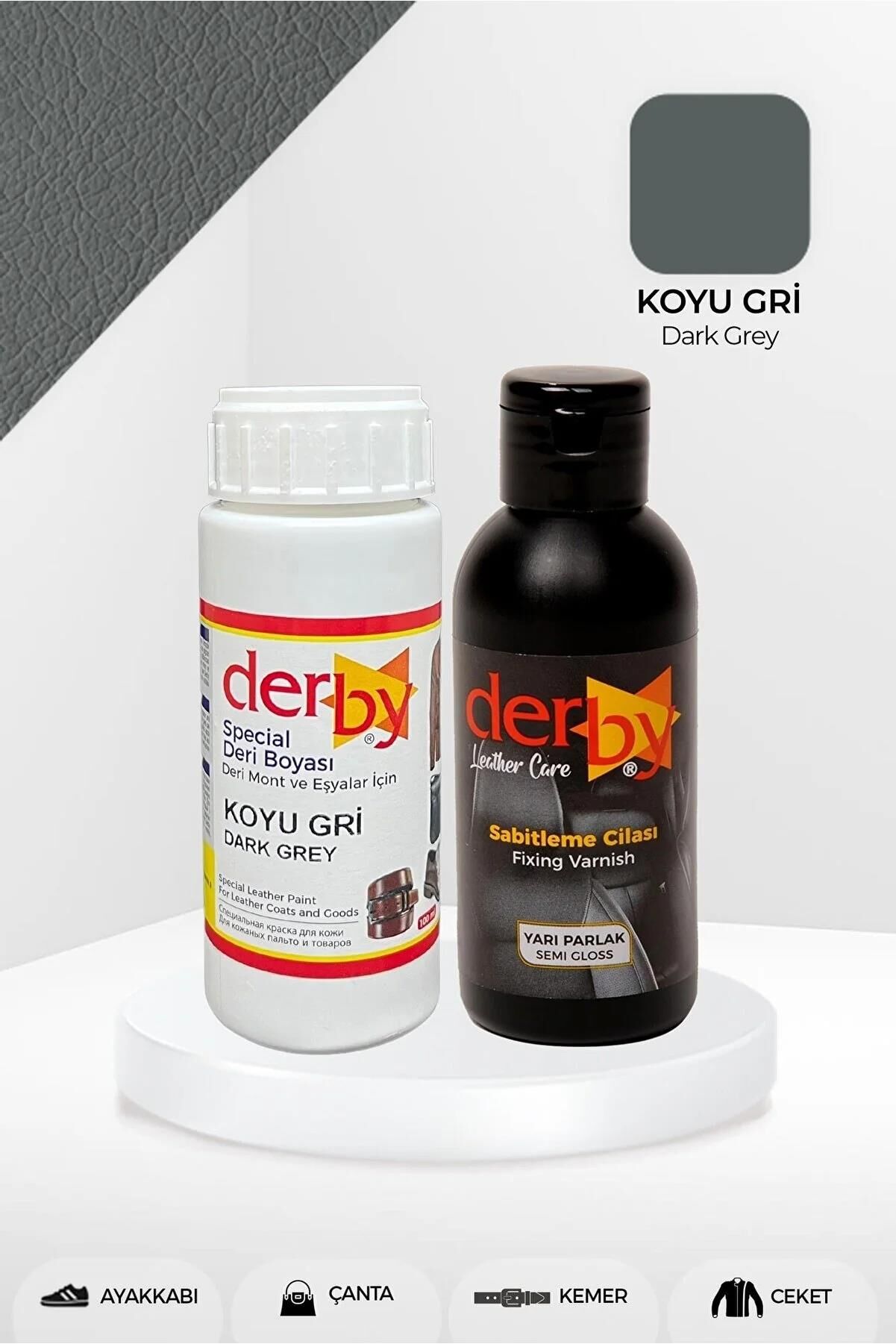 Derby Deri Mont Boyası Ve BS-FIX  Yarı Parlak Sabitleme Cilası | 100 Gr Set Koyu Gri