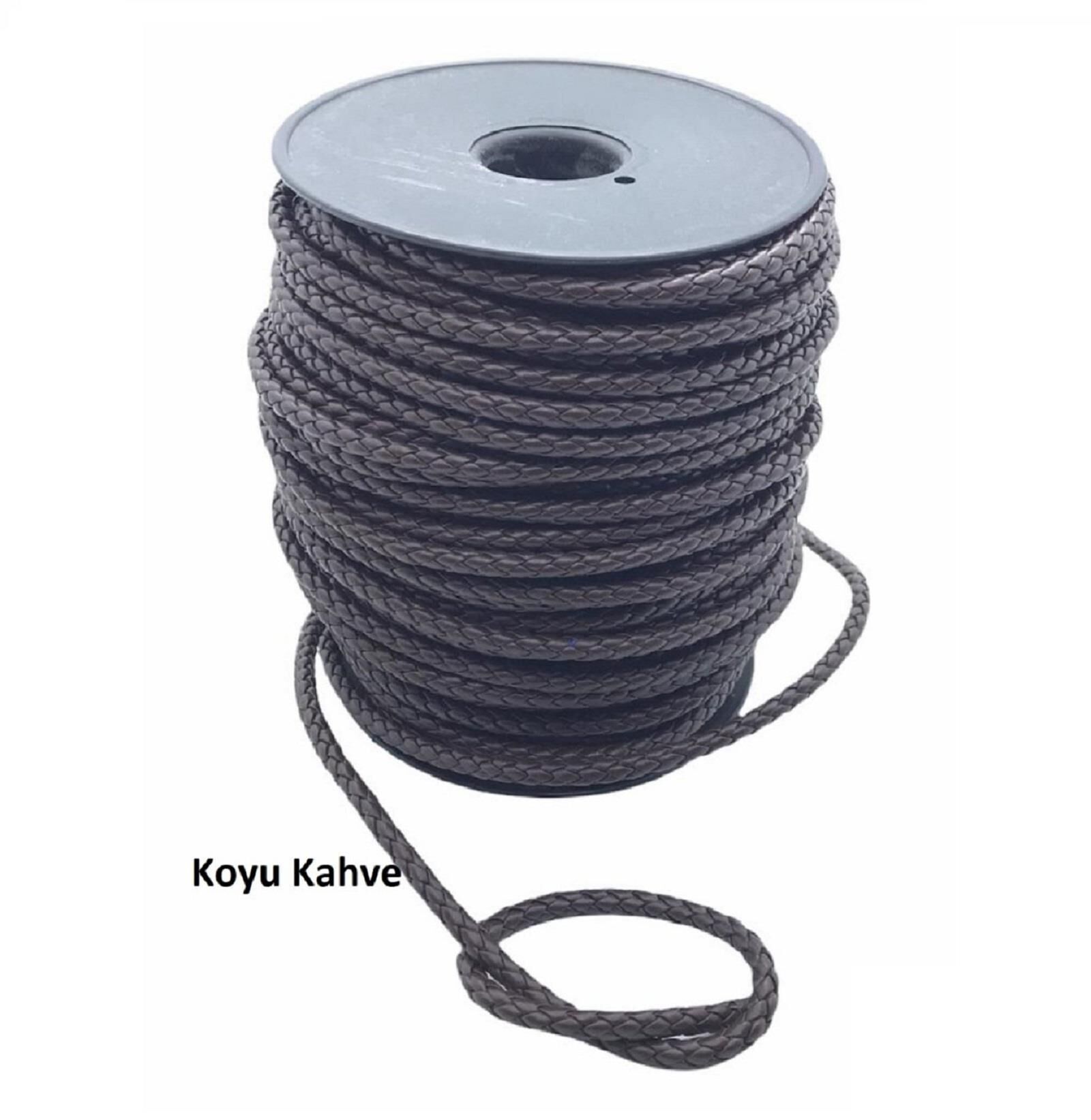Bileklik ve Anahtarlık için Yuvarlak Örgü Suni Deri Kordon 5mm 1 metre Koyu Kahve
