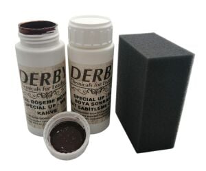 Derby Deri Döşeme Boyası + Sabitleme Cilası + Siyah Sünger .Koyu Bej