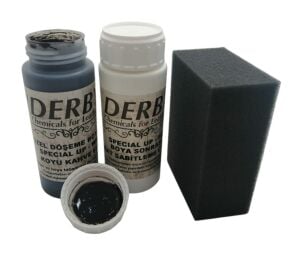 Derby Deri Döşeme Boyası + Sabitleme Cilası + Siyah Sünger .Koyu Bej