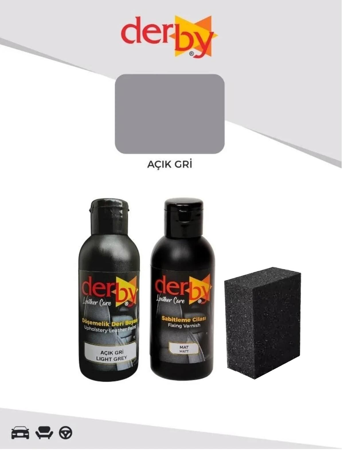 Derby Deri Döşeme Boyası + Sabitleme Cilası + Siyah Sünger .Açık Gri