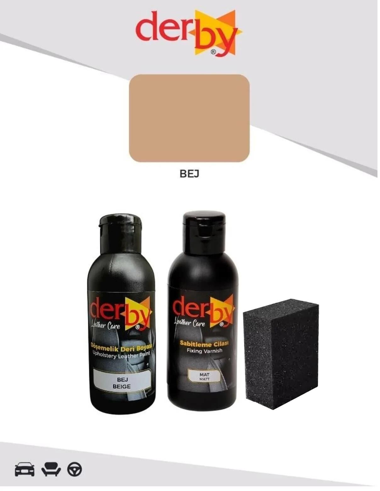 Derby Deri Döşeme Boyası + Sabitleme Cilası + Siyah Sünger .Bej