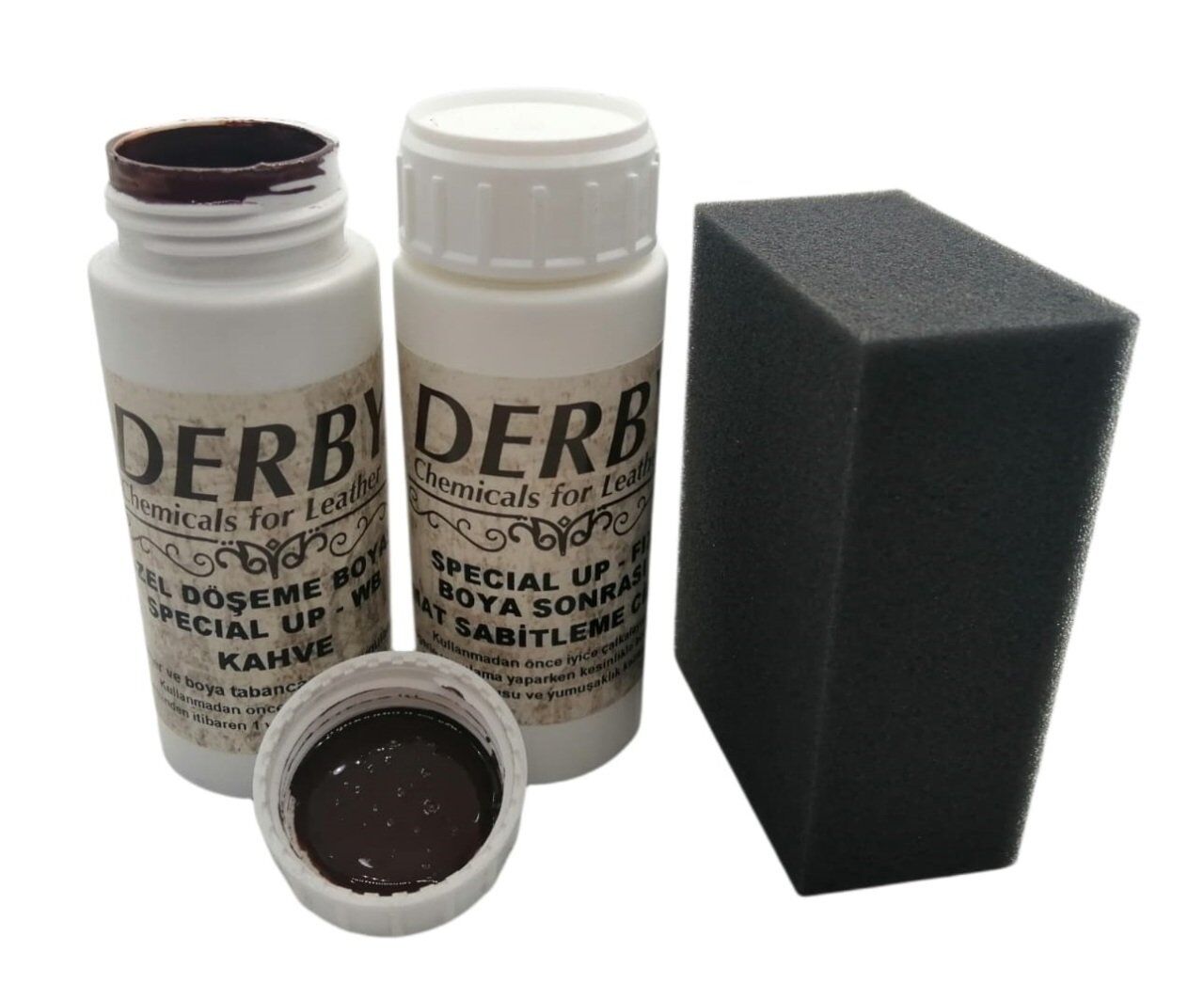 Derby Deri Döşeme Boyası + Sabitleme Cilası + Siyah Sünger .Kahverengi
