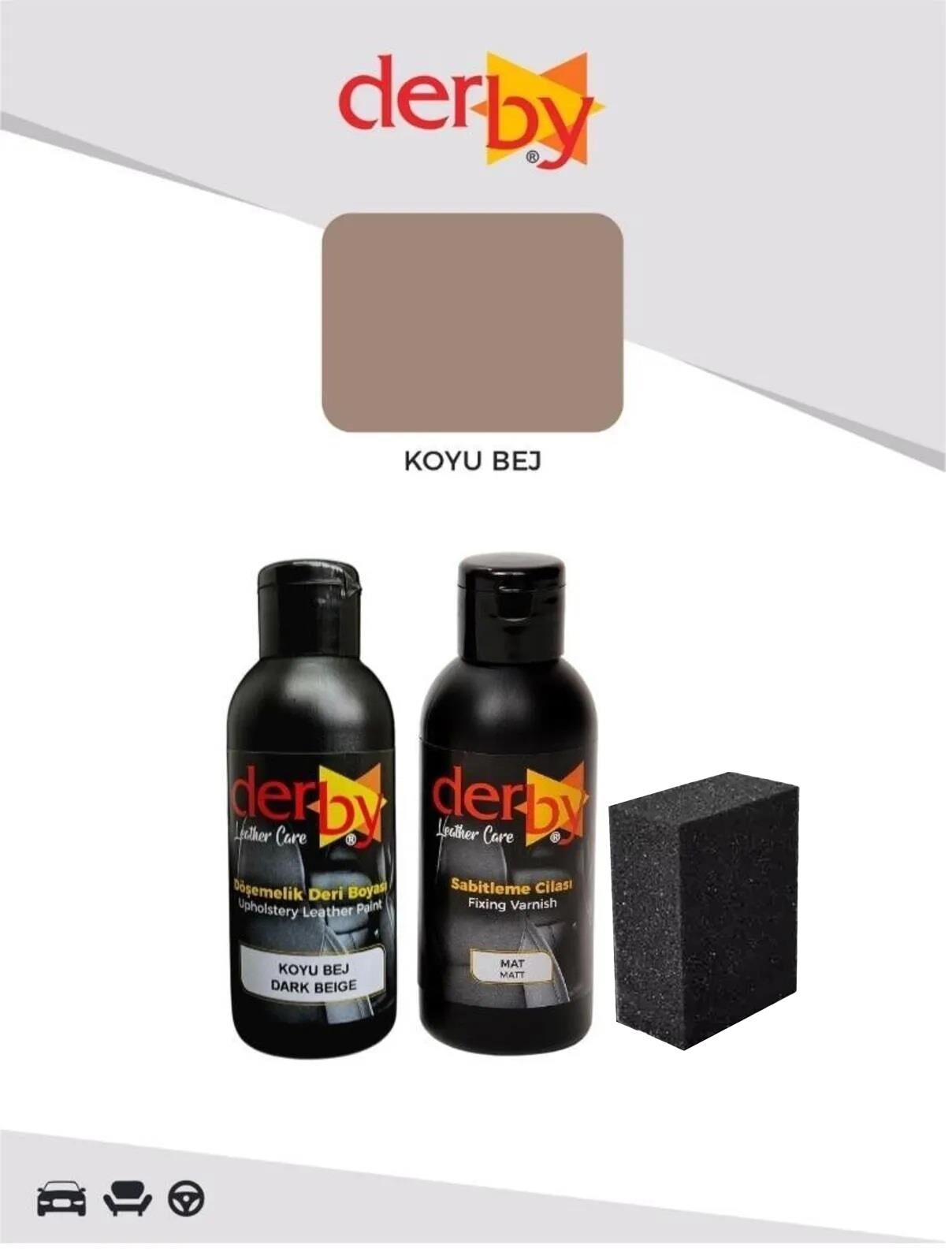 Derby Deri Döşeme Boyası + Sabitleme Cilası + Siyah Sünger .Koyu Bej