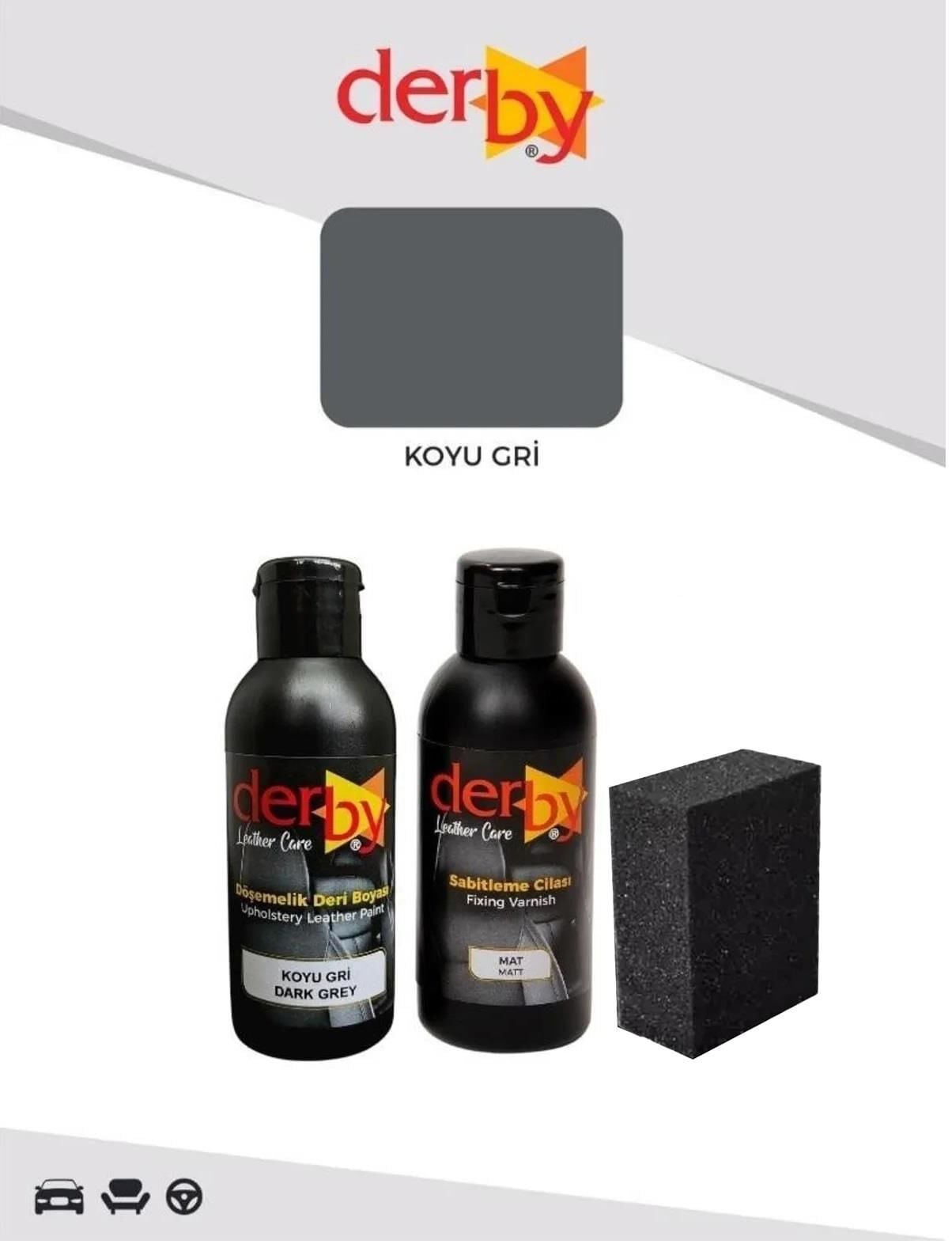 Derby Deri Döşeme Boyası + Sabitleme Cilası + Siyah Sünger .Koyu Gri