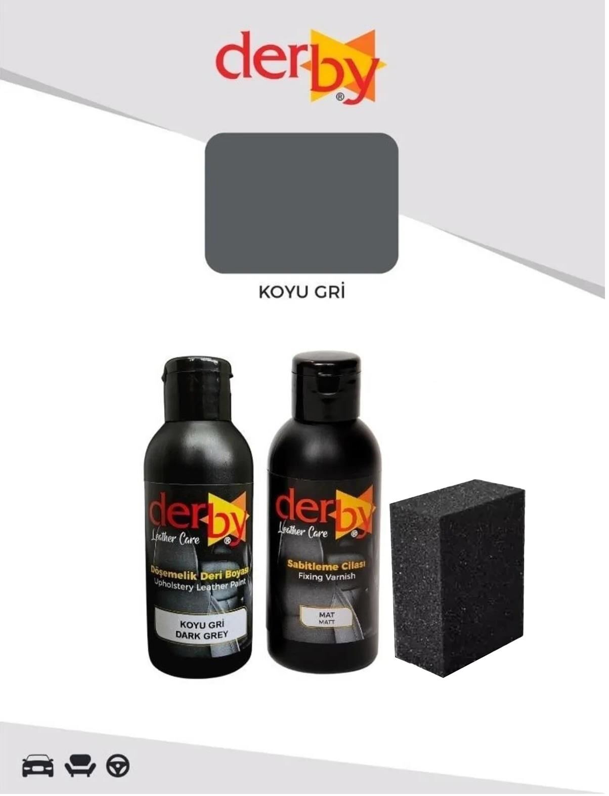 Derby Deri Döşeme Boyası + Sabitleme Cilası + Siyah Sünger .Koyu Gri