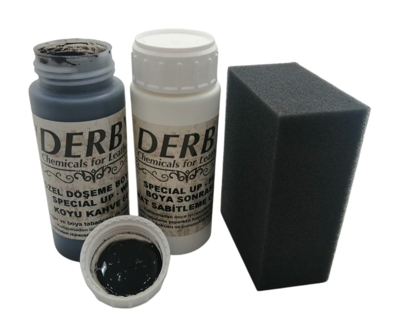 Derby Deri Döşeme Boyası + Sabitleme Cilası + Siyah Sünger .Koyu Kahve