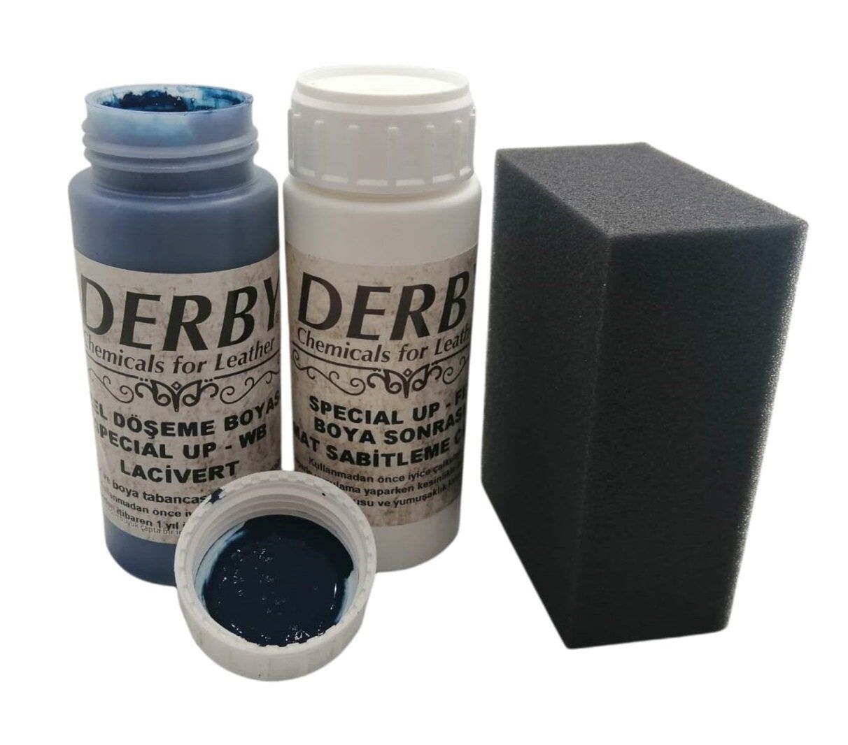 Derby Deri Döşeme Boyası + Sabitleme Cilası + Siyah Sünger .Lacivert