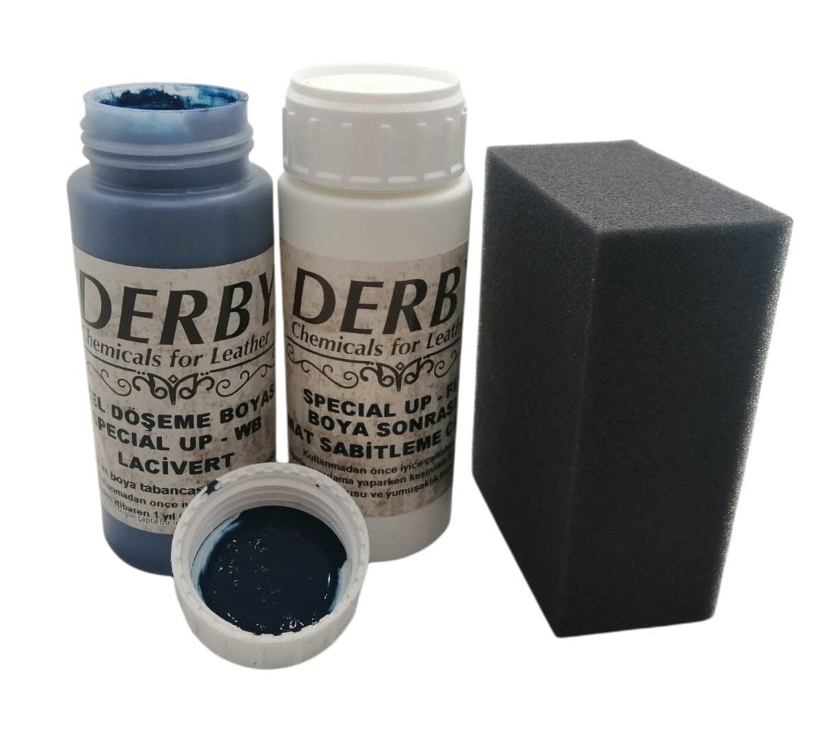Derby Deri Döşeme Boyası + Sabitleme Cilası + Siyah Sünger .Lacivert