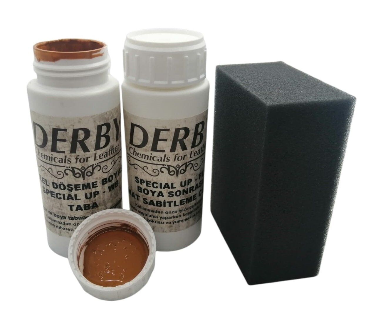 Derby Deri Döşeme Boyası + Sabitleme Cilası + Siyah Sünger .Taba