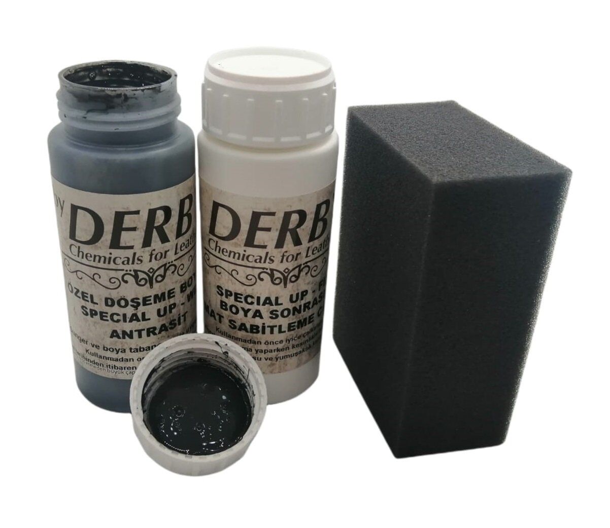 Derby Deri Döşeme Boyası + Sabitleme Cilası + Siyah Sünger Antrasit