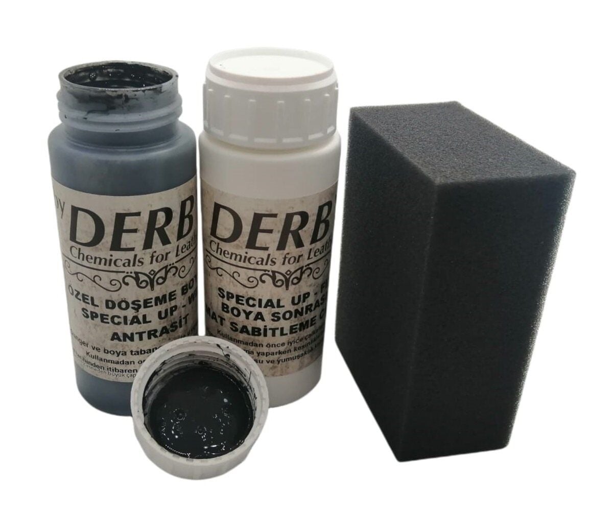 Derby Deri Döşeme Boyası + Sabitleme Cilası + Siyah Sünger Antrasit