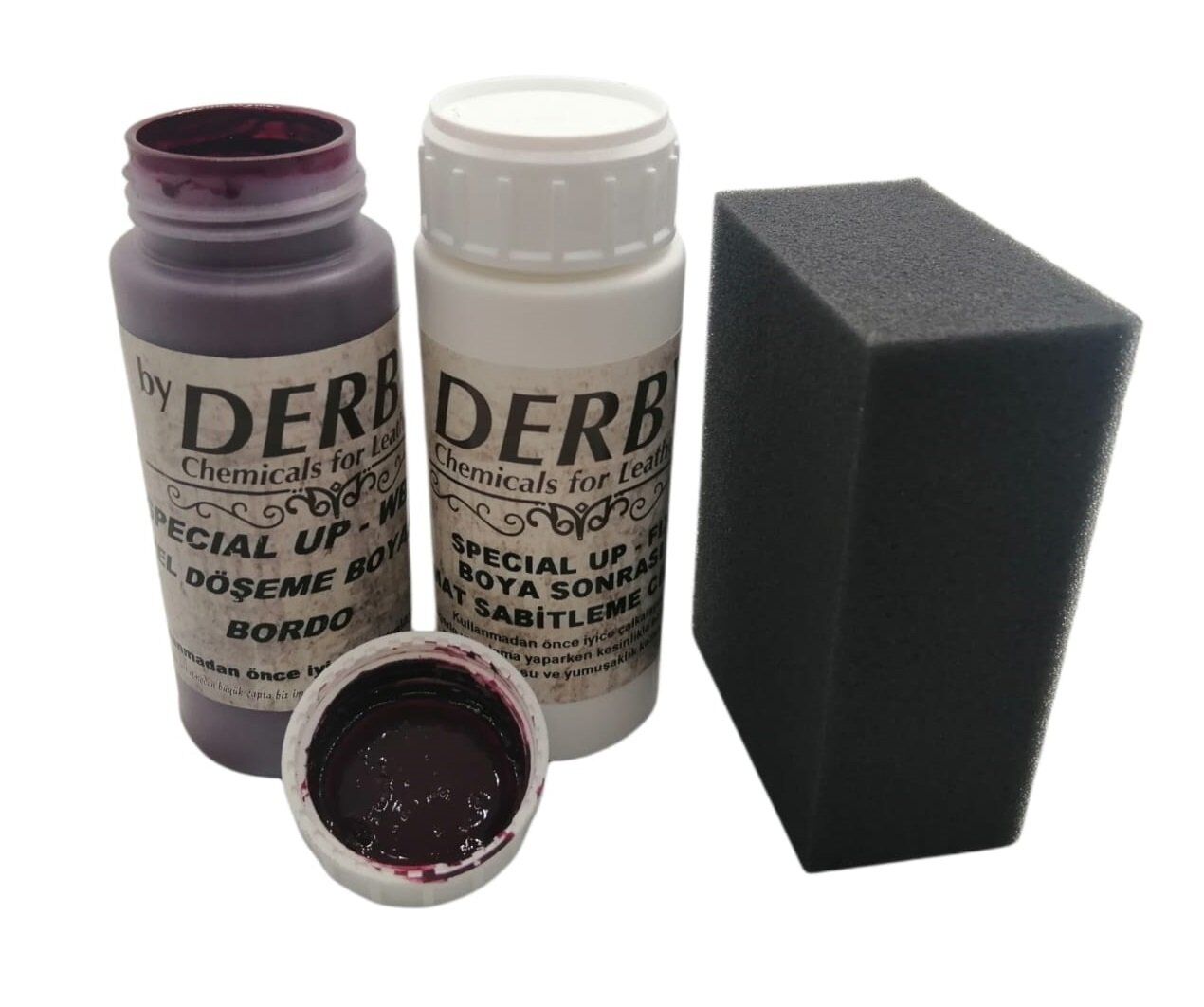 Derby Deri Döşeme Boyası + Sabitleme Cilası + Siyah Sünger Bordo