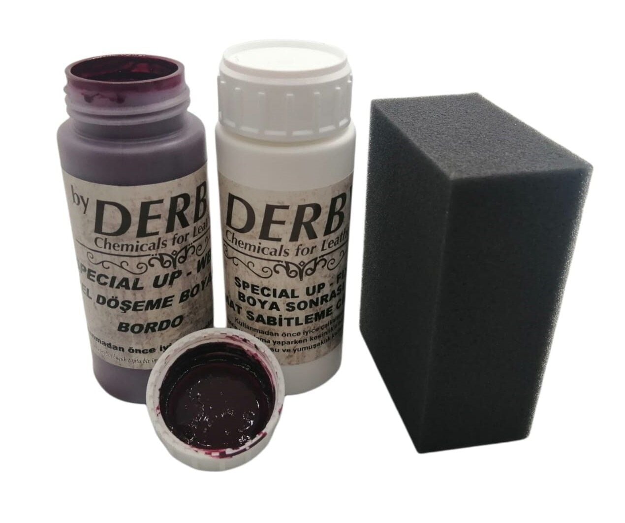 Derby Deri Döşeme Boyası + Sabitleme Cilası + Siyah Sünger Bordo
