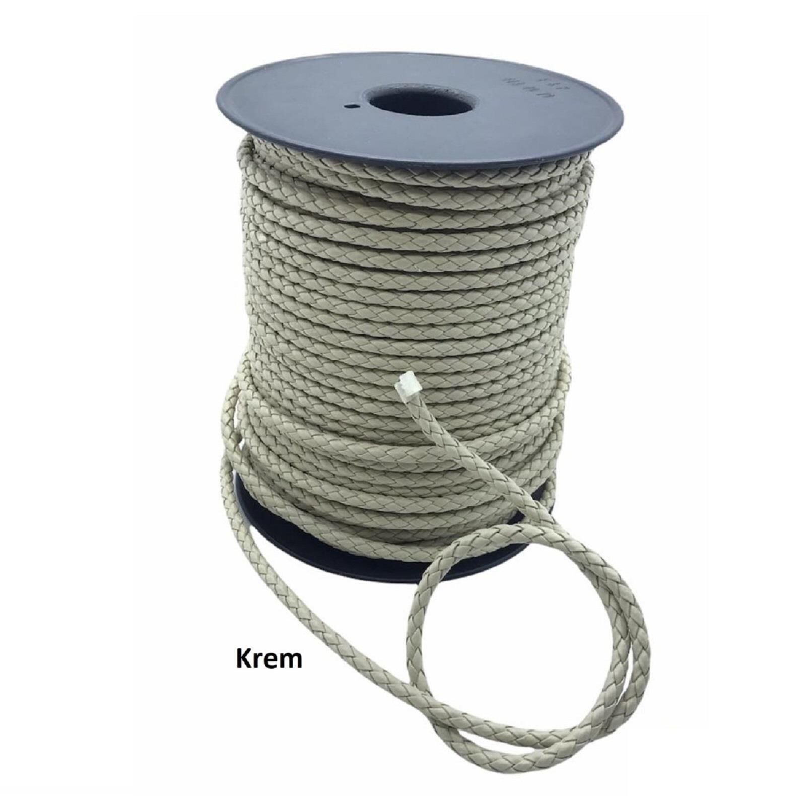 Bileklik ve Anahtarlık için Yuvarlak Örgü Suni Deri Kordon 5mm 1 metre Krem
