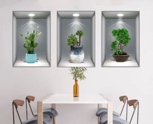 3D Çiçek Vazo Duvar Sticker 3 lü Set GRİ Fon