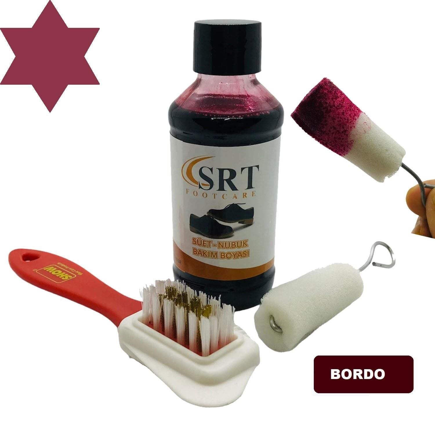 SRTfootcare Süet Nubuk Ayakkabı Bakım Boyası 110 Gr ve 4 Yönlü Temizleme Fırçası Bordo
