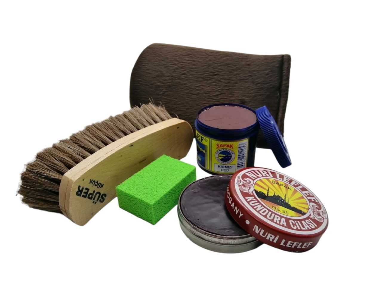 Leflef 5 li Ayakkabı Bakım Seti Ekstra Bordo Boya - Naturel Cila - Krem Bej Fırça