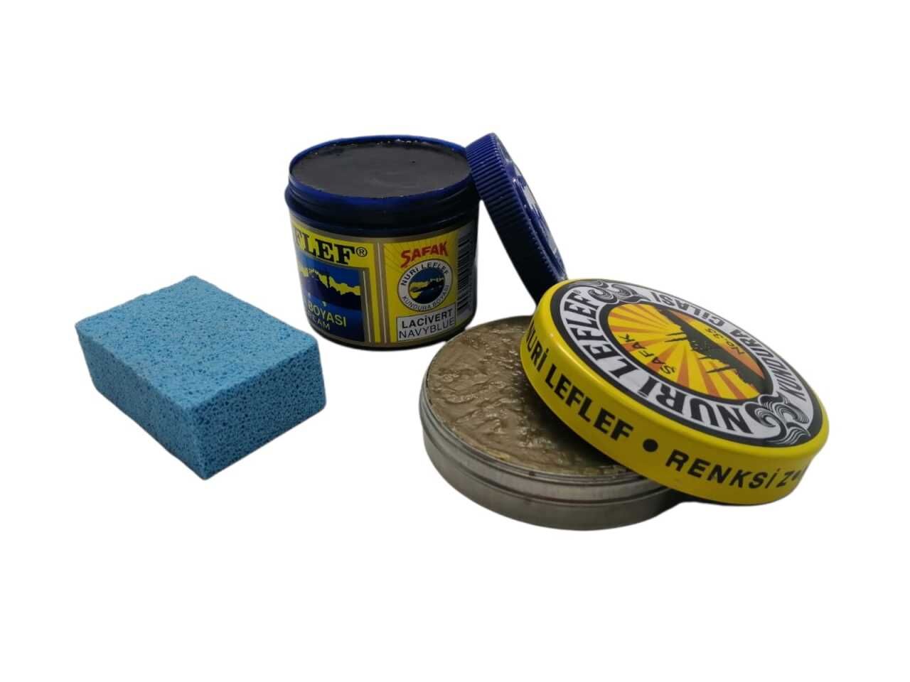 LefLef 3 lü Ayakkabı Bakım Seti (Boya,Cila,Sünger) Lacivert Boya - Naturel Cila