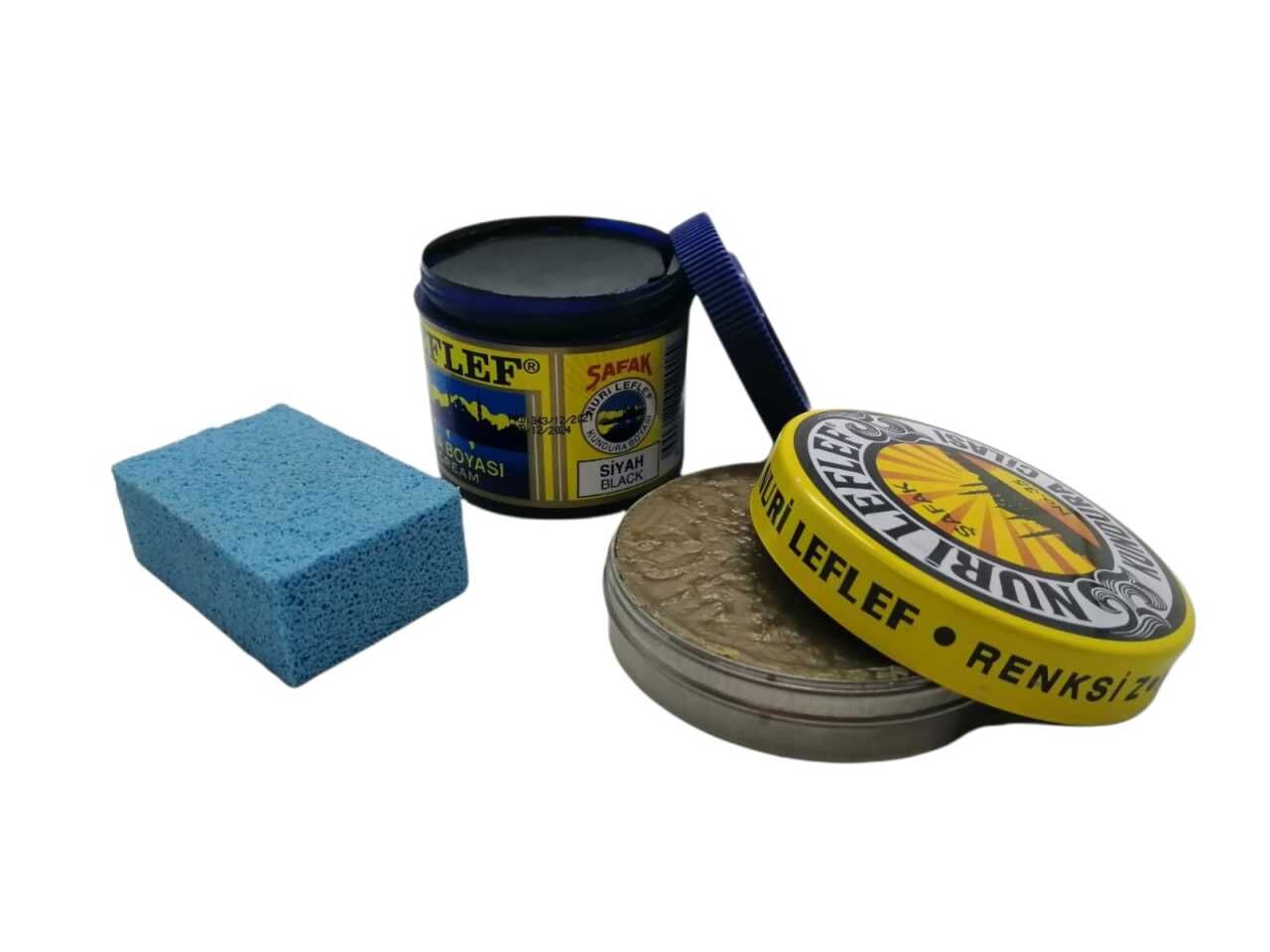 LefLef 3 lü Ayakkabı Bakım Seti (Boya,Cila,Sünger) Siyah Boya - Naturel Cila