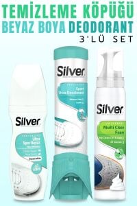 SİLVER Kumaş Deri Spor Beyaz Ayakkabı Boyası + Ayakkabı Deodorantı + Spor Ayakkabı Temizleme Köpüğü 125 ml
