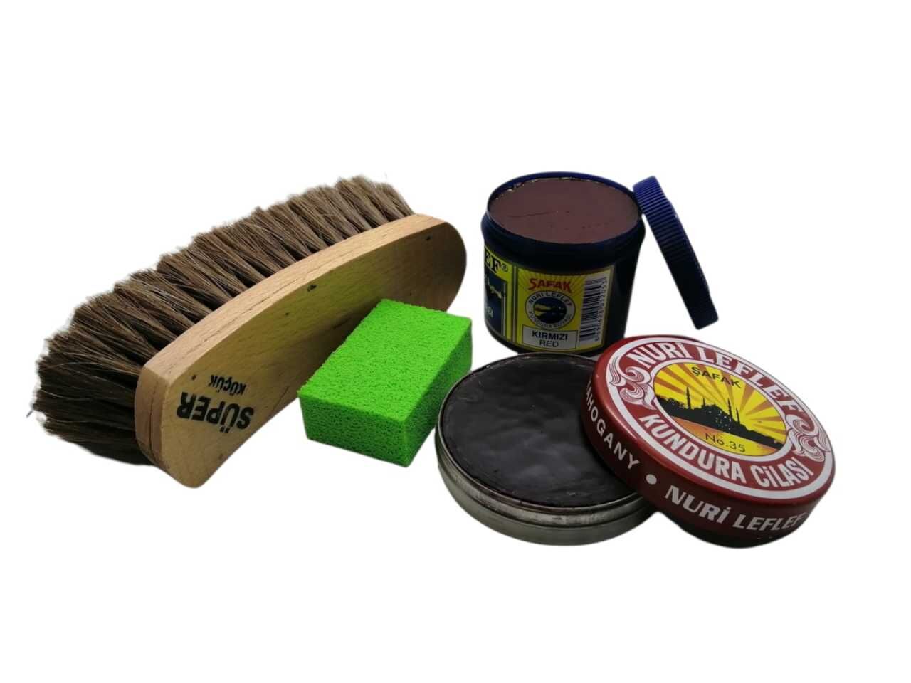 Leflef 4 lü Ayakkabı Bakım Seti Ekstra Bordo Boya - Naturel Cila - Krem Bej Fırça