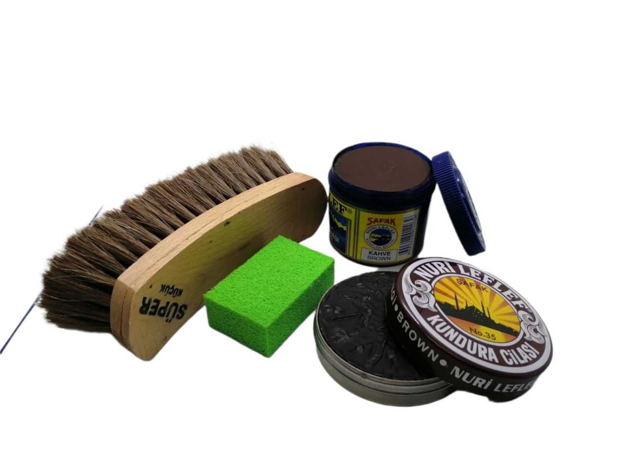 Leflef 4 lü Ayakkabı Bakım Seti Ekstra Kahverengi Boya - Naturel Cila - Krem Bej Fırça