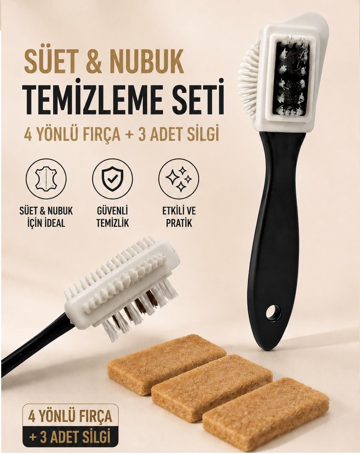 1 Adet 4 Yönlü Süet Nubuk Temizleme Fırçası + 3 Adet Nubuk Silgisi
