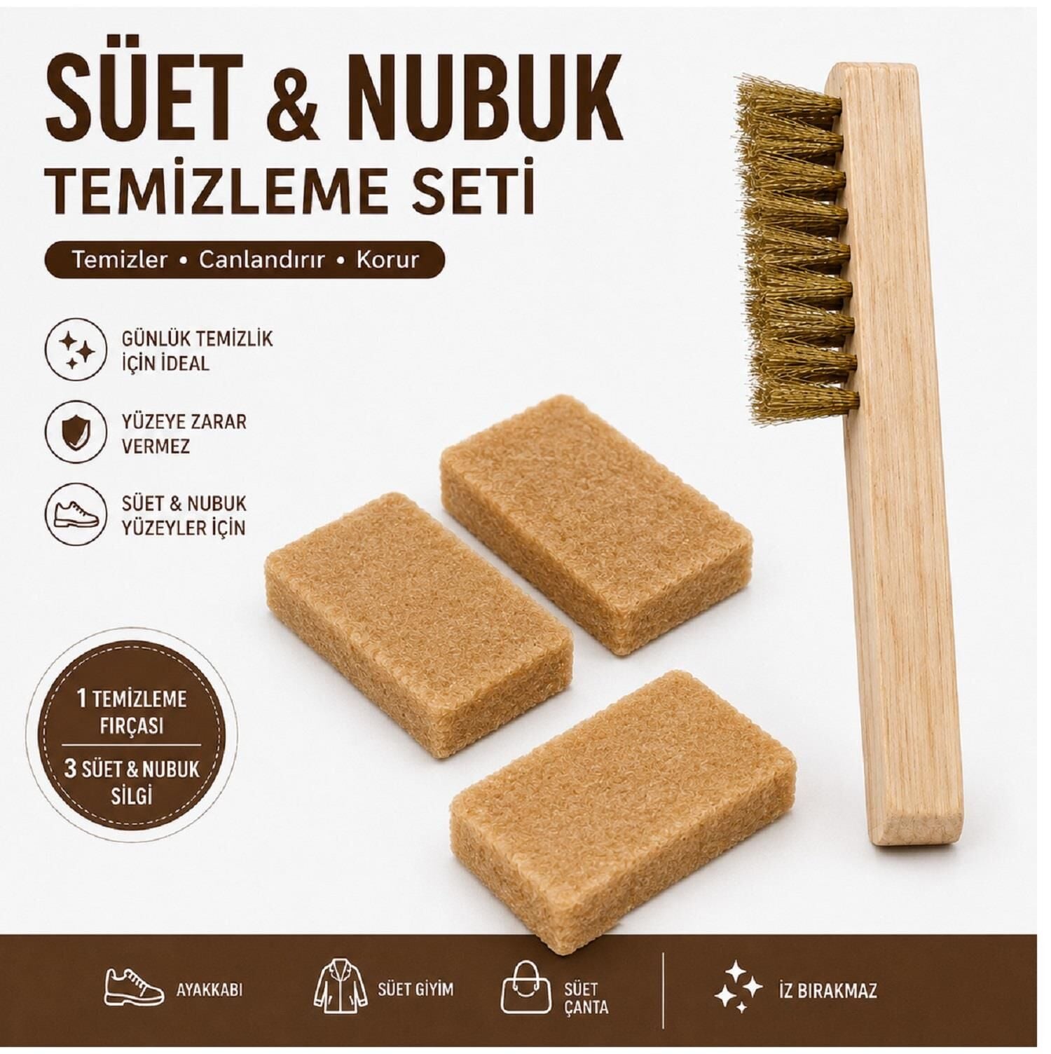 Süet Nubuk Temizleme Seti Tel Fırça + 3 Adet Süet Nubuk Silgisi
