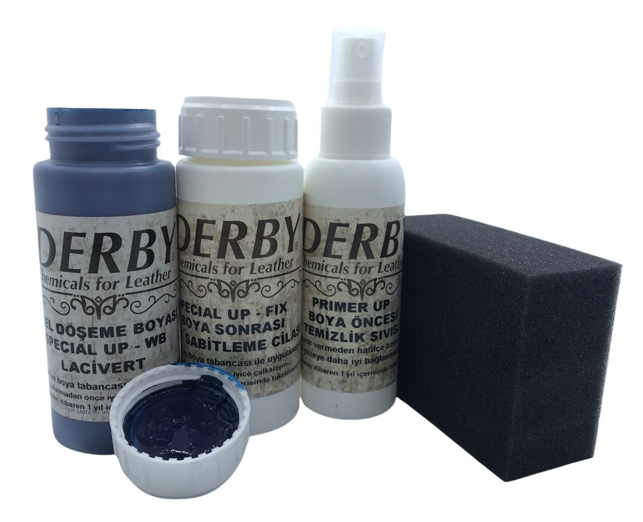 Derby Deri Döşeme Ve Direksiyon Boyası 4 lü Set Standart Renkler .Lacivert