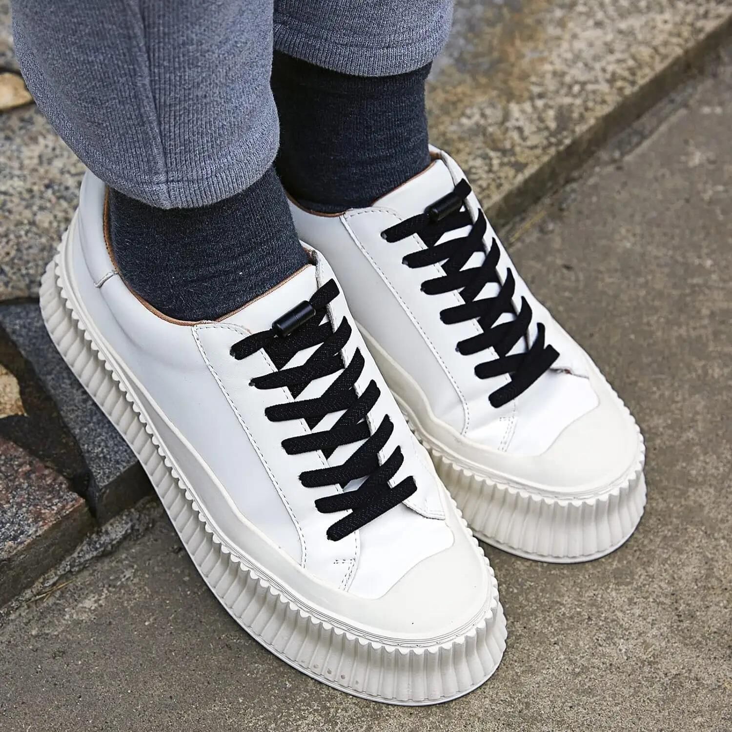 SRTfootcare Akıllı Vidalı Kilitli Elastik Outdoor Ayakkabı Bağcığı Yassı 100cm 1 Çift Siyah